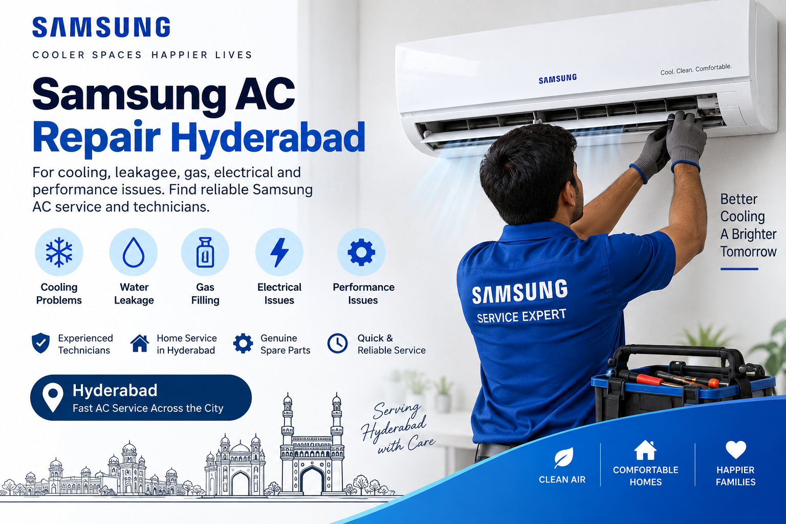 Samsung AC repair service in Hyderabad for cooling, leakage, gas and electrical issues