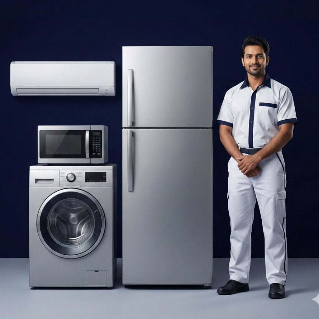 Samsung Double Door Refrigerator technician repairing a frost-free fridge in Hyderabad.